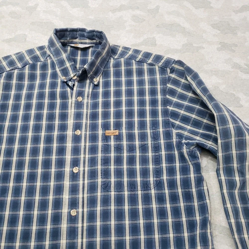 Vintage Carhartt Shirt‎ Mens Large Blue Pockets Long Sleeve Button-Up Workwear